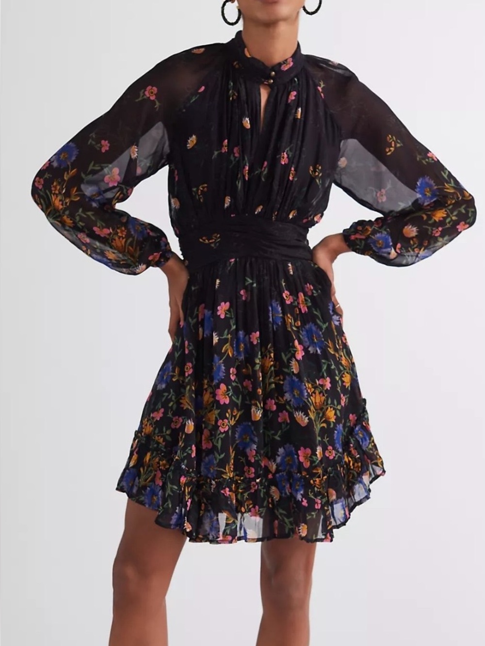 Anthropologie Black Floral Chiffon Mini Dress with Multicolor Bouquet Print
